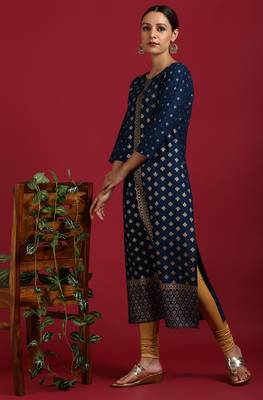 Dark blue printed rayon ethnic kurtis 1