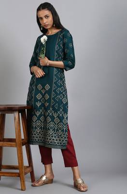 Janasya Dark green printed rayon ethnic kurtis 1
