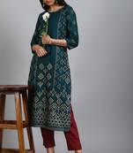 Janasya Dark green printed rayon ethnic kurtis
