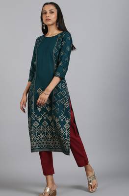 Janasya Dark green printed rayon ethnic kurtis 2