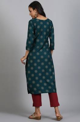 Janasya Dark green printed rayon ethnic kurtis 3
