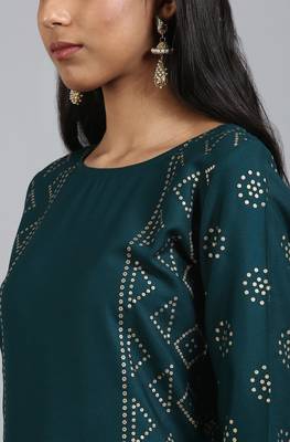 Janasya Dark green printed rayon ethnic kurtis 4