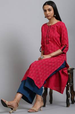 Pink printed cotton ethnic kurtis 1