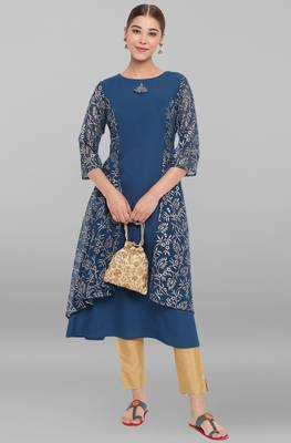 Teal printed crepe ethnic-kurtis 1