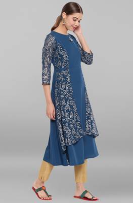 Teal printed crepe ethnic-kurtis 3