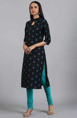 Janasya Black printed cotton ethnic kurtis 2