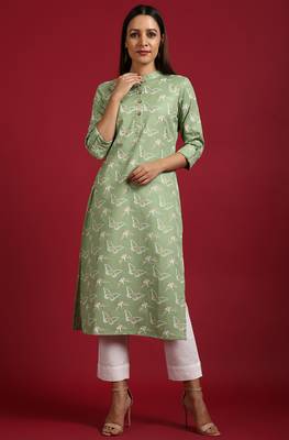 Janasya Light green printed cotton ethnic kurtis 1