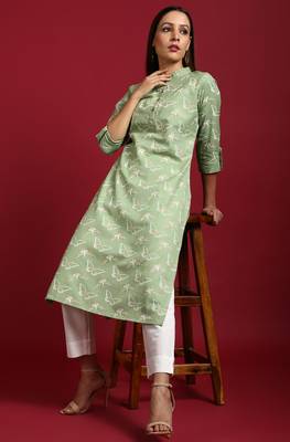 Janasya Light green printed cotton ethnic kurtis 2