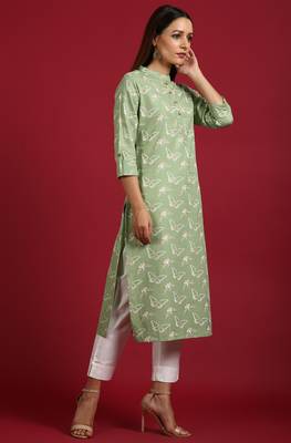 Janasya Light green printed cotton ethnic kurtis 3