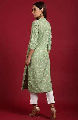 Janasya Light green printed cotton ethnic kurtis 4