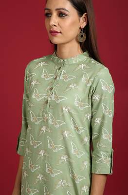 Janasya Light green printed cotton ethnic kurtis 5