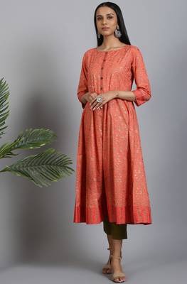 Janasya Peach printed cotton ethnic kurtis 1