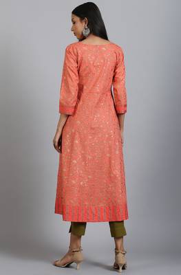 Janasya Peach printed cotton ethnic kurtis 4