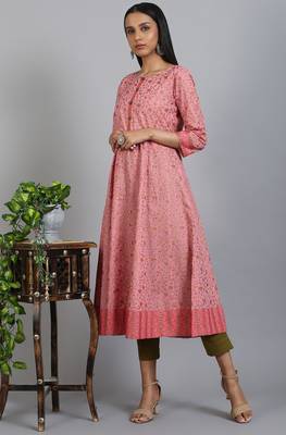 Janasya Pink printed cotton ethnic kurtis 1