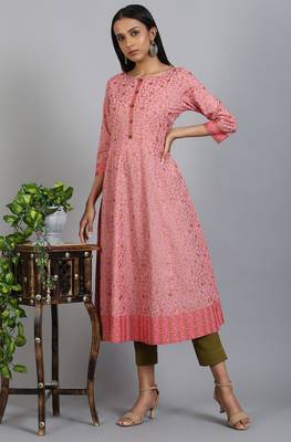 Janasya Pink printed cotton ethnic kurtis 2