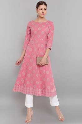 Pink printed cotton ethnic kurtis 1