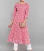Pink printed cotton ethnic kurtis