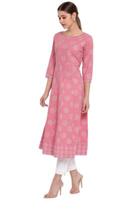 Pink printed cotton ethnic kurtis 2