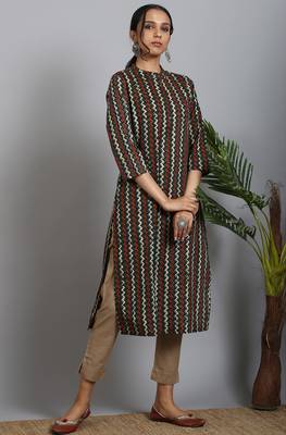 Janasya Dark green printed cotton ethnic kurtis 1