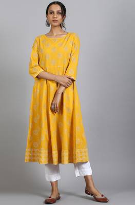 Yellow printed cotton ethnic kurtis 1