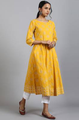 Yellow printed cotton ethnic kurtis 2