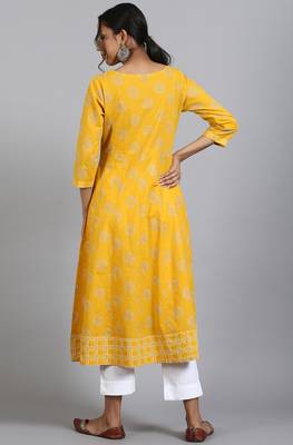 Yellow printed cotton ethnic kurtis 3