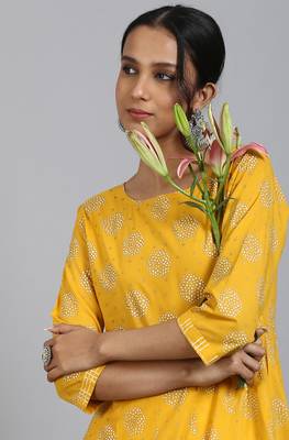 Yellow printed cotton ethnic kurtis 4