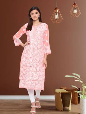 Ada Hand Embroidered Peach Faux Georgette Lucknowi Chikankari Women Kurta with Slip - A114344 1