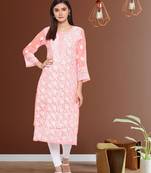 Ada Hand Embroidered Peach Faux Georgette Lucknowi Chikankari Women Kurta with Slip - A114344