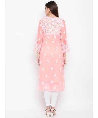 Ada Hand Embroidered Peach Faux Georgette Lucknowi Chikankari Women Kurta with Slip - A114344 2