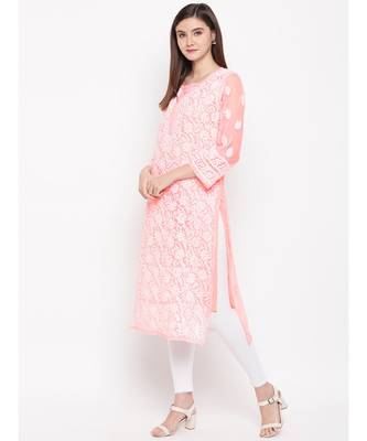 Ada Hand Embroidered Peach Faux Georgette Lucknowi Chikankari Women Kurta with Slip - A114344 3