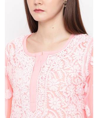 Ada Hand Embroidered Peach Faux Georgette Lucknowi Chikankari Women Kurta with Slip - A114344 5