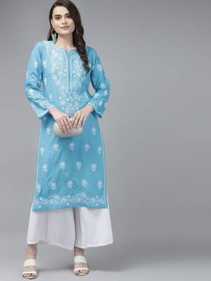 Hand Embroidered Blue Cotton Lucknow Chikankari Women Kurta 1