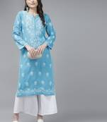 Hand Embroidered Blue Cotton Lucknow Chikankari Women Kurta