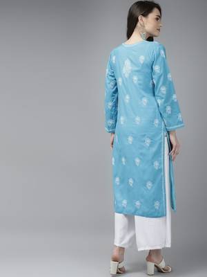 Hand Embroidered Blue Cotton Lucknow Chikankari Women Kurta 2