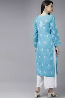Hand Embroidered Blue Cotton Lucknow Chikankari Women Kurta