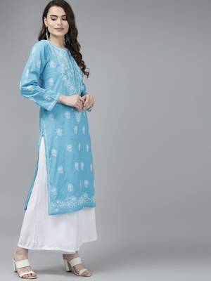Hand Embroidered Blue Cotton Lucknow Chikankari Women Kurta 3