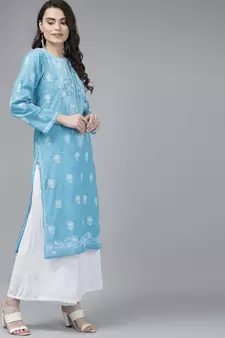 Hand Embroidered Blue Cotton Lucknow Chikankari Women Kurta