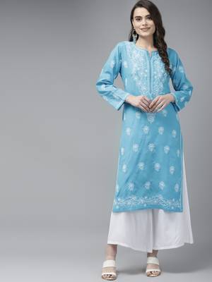 Hand Embroidered Blue Cotton Lucknow Chikankari Women Kurta 4
