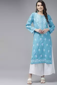 Hand Embroidered Blue Cotton Lucknow Chikankari Women Kurta