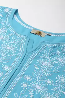Hand Embroidered Blue Cotton Lucknow Chikankari Women Kurta