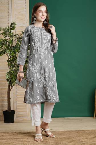 Hand Embroidered Grey Cotton Lucknowi Chikankari Women Kurta