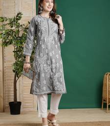 Hand Embroidered Grey Cotton Lucknowi Chikankari Women Kurta