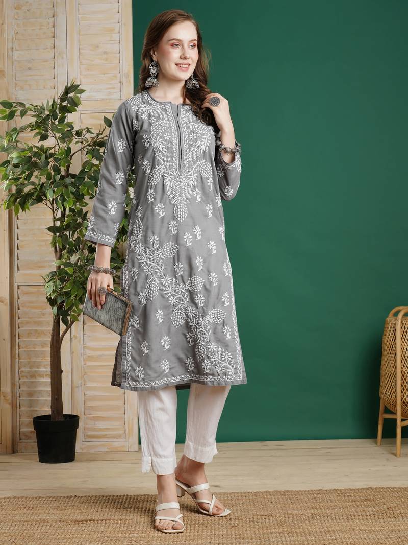 Hand Embroidered Grey Cotton Lucknowi Chikankari Women Kurta