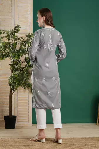 Hand Embroidered Grey Cotton Lucknowi Chikankari Women Kurta