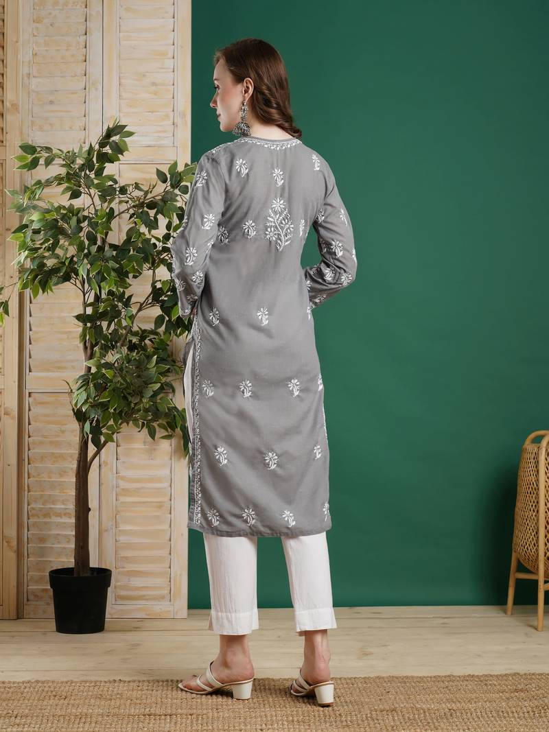 Hand Embroidered Grey Cotton Lucknowi Chikankari Women Kurta