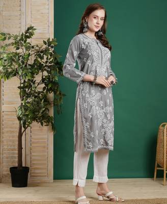 Hand Embroidered Grey Cotton Lucknowi Chikankari Women Kurta 3