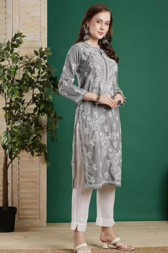 Hand Embroidered Grey Cotton Lucknowi Chikankari Women Kurta