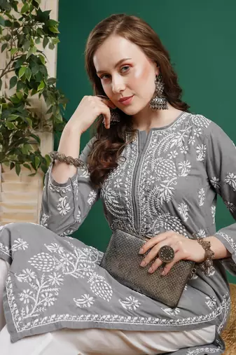 Hand Embroidered Grey Cotton Lucknowi Chikankari Women Kurta