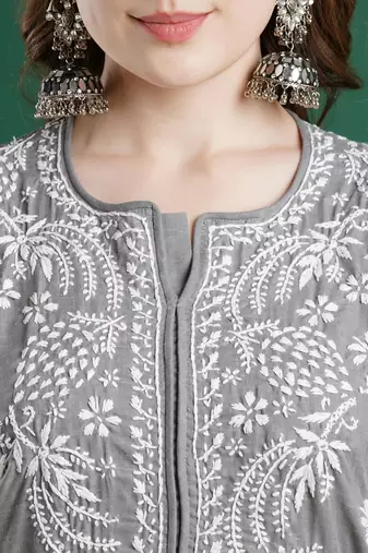 Hand Embroidered Grey Cotton Lucknowi Chikankari Women Kurta